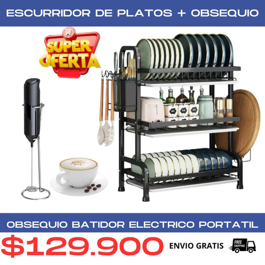 ESCURRIDOR DE PLATOS 3 NIVELES + OBSEQUIO BATIDOR